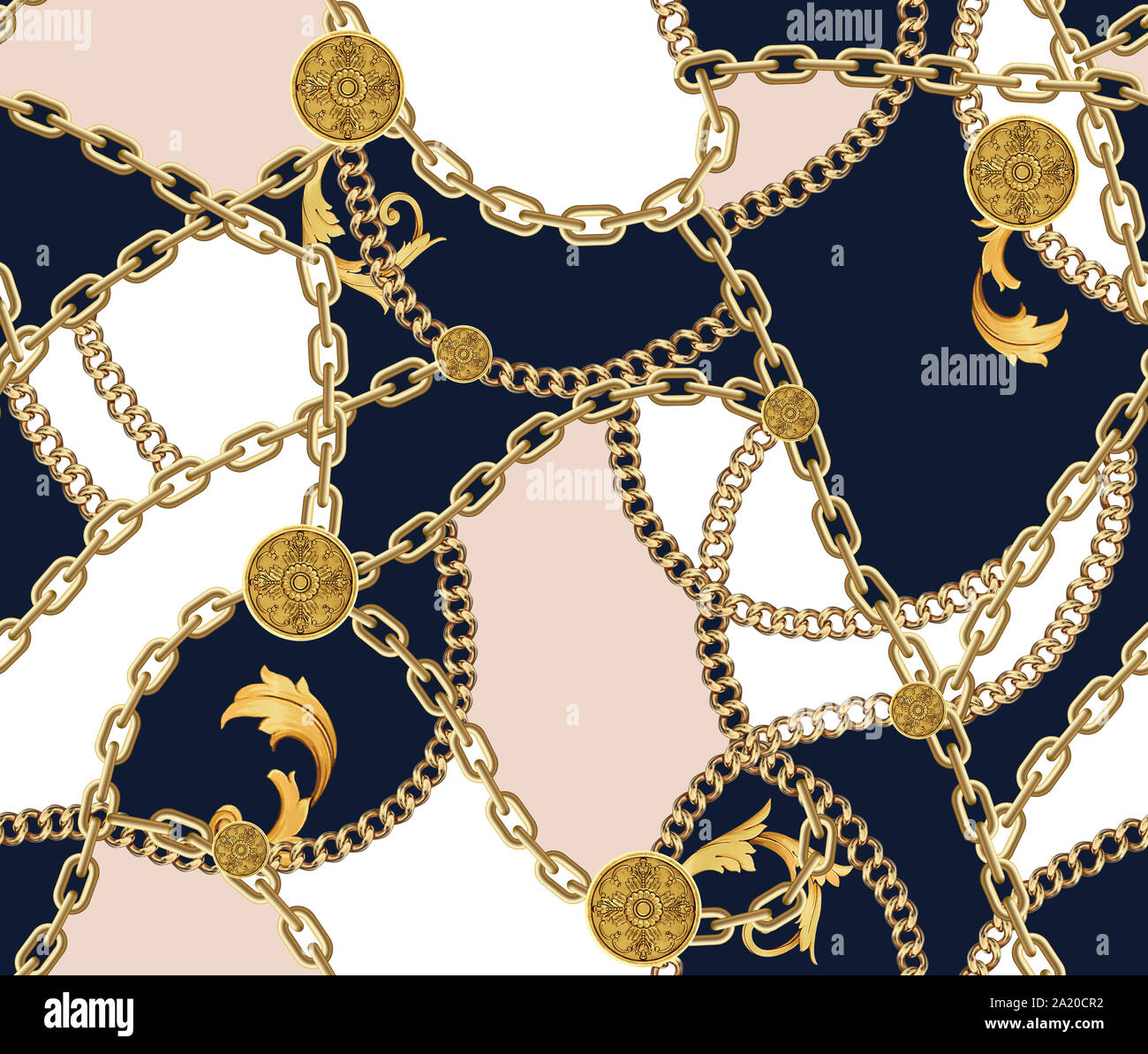 Mode nahtlose Muster mit goldenen Ketten auf dunklem Blau, Hellbraun und weißen Hintergrund. Stoff Design Hintergrund mit Kette. Stockfoto