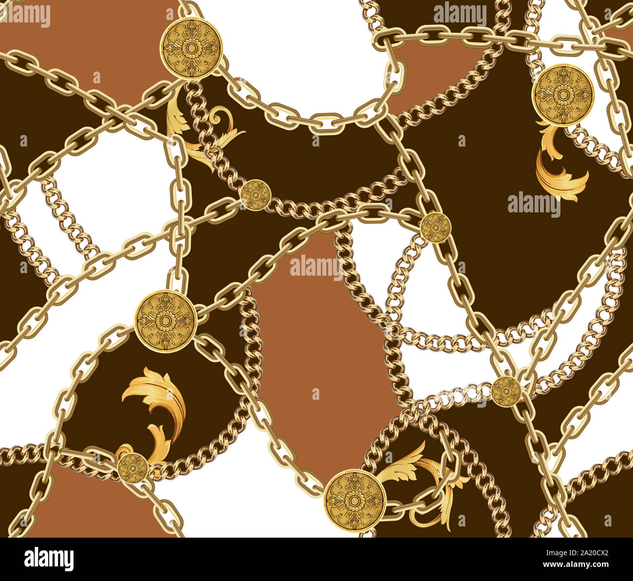 Mode nahtlose Muster mit goldenen Ketten auf Braun, Hellbraun und weißen Hintergrund. Stoff Design Hintergrund mit Kette. Stockfoto