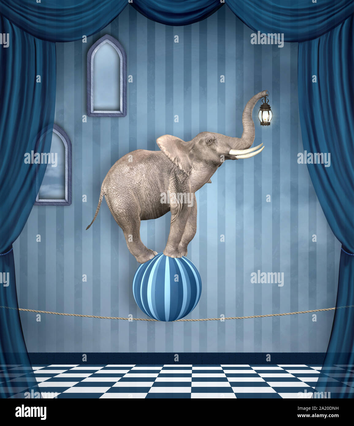 Das Konzept der Balance portayed durch ein Elefant auf einem Seil Stockfoto
