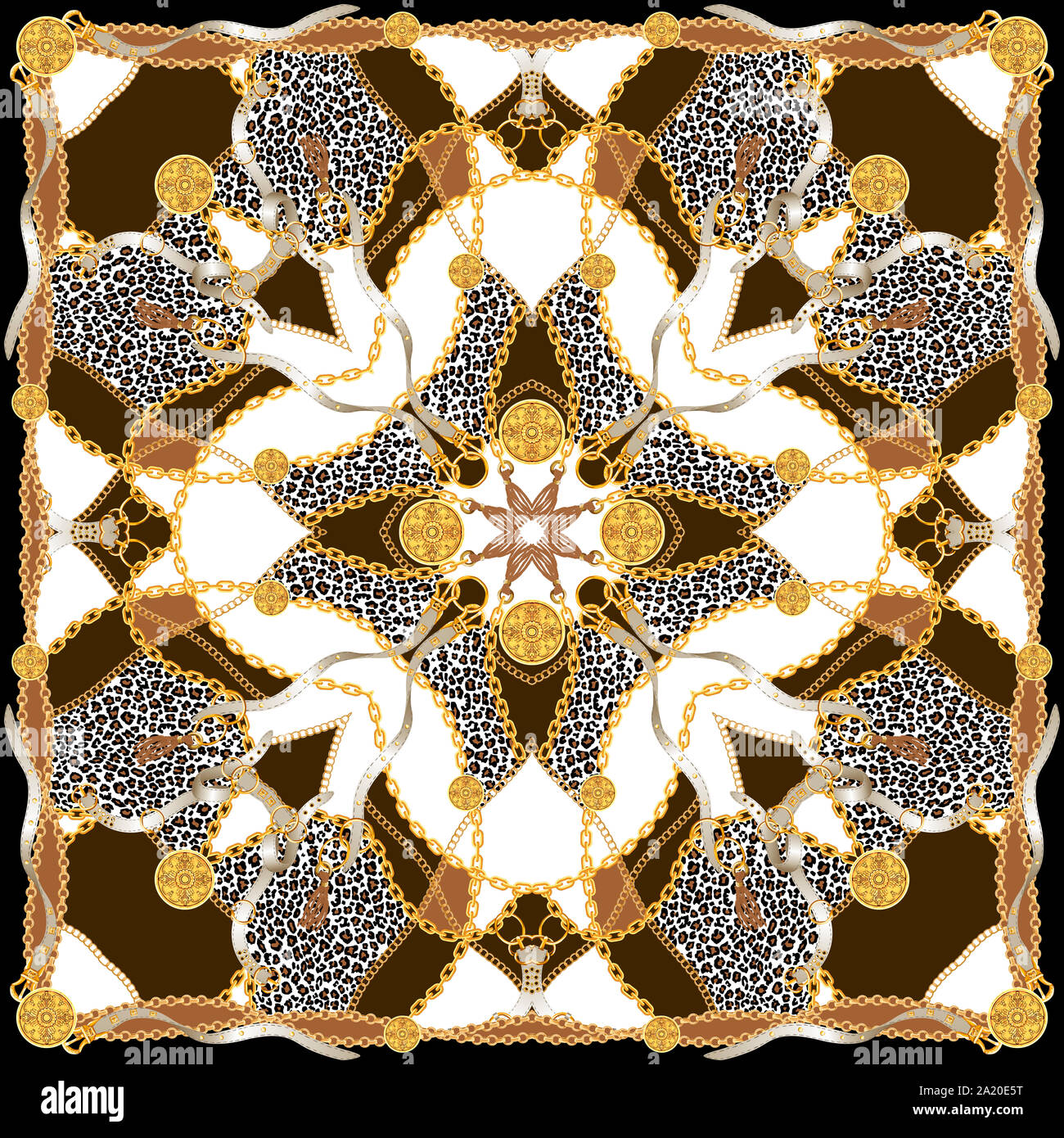 Trendy print mit goldenen Ketten, Riemen und Leopard. Nahtlose Muster mit klassischen Elementen. Damenmode, modernen Schal Sammlung für Textildruck Stockfoto