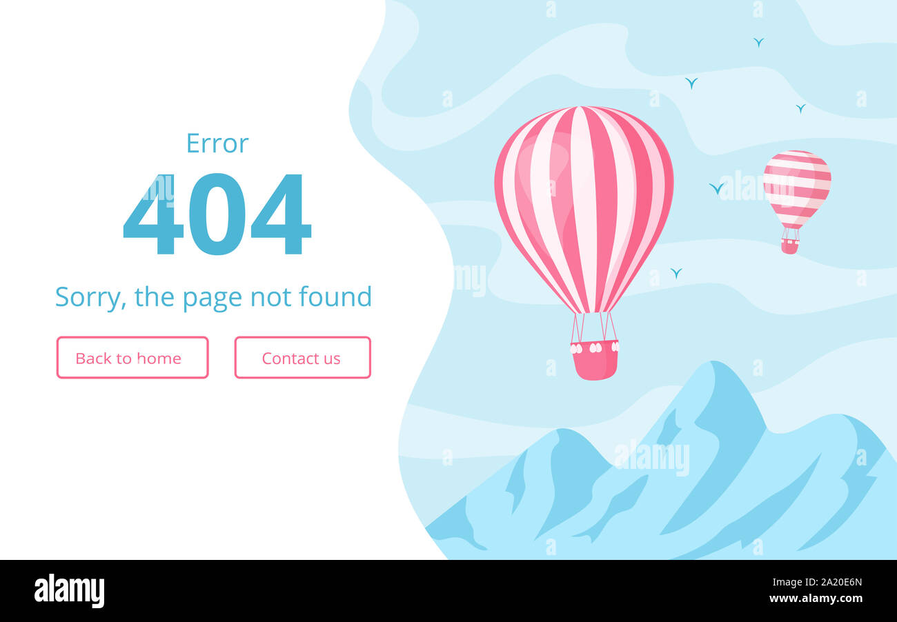 Website Schnittstelle Vorlage für 404 Fehlermeldung Abbildung. Heißluftballon auf Blau Landschaft mit Bergen und Fehler Warnschild, 404 Seite nicht gefunden, für mobile App oder Website Seite Stockfoto