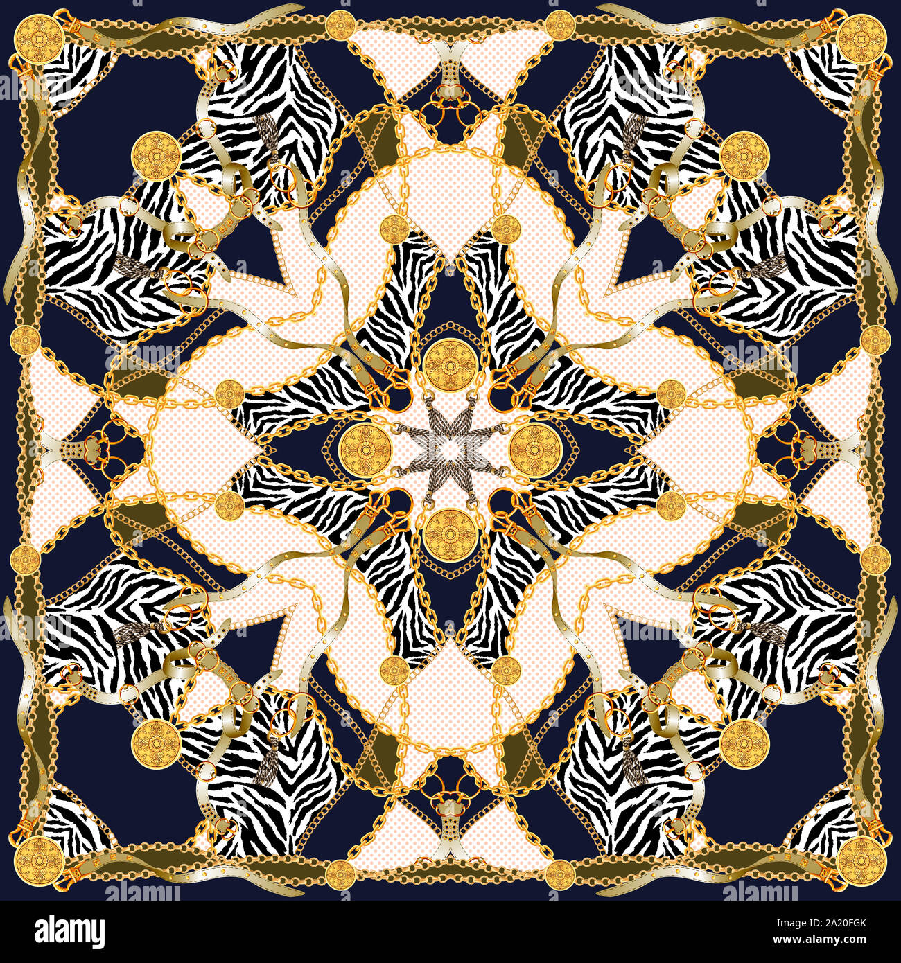Trendy print mit goldenen Ketten, Riemen und Zebra. Nahtlose Muster mit klassischen Elementen. Damenmode, modernen Schal Sammlung für Textildruck. Stockfoto