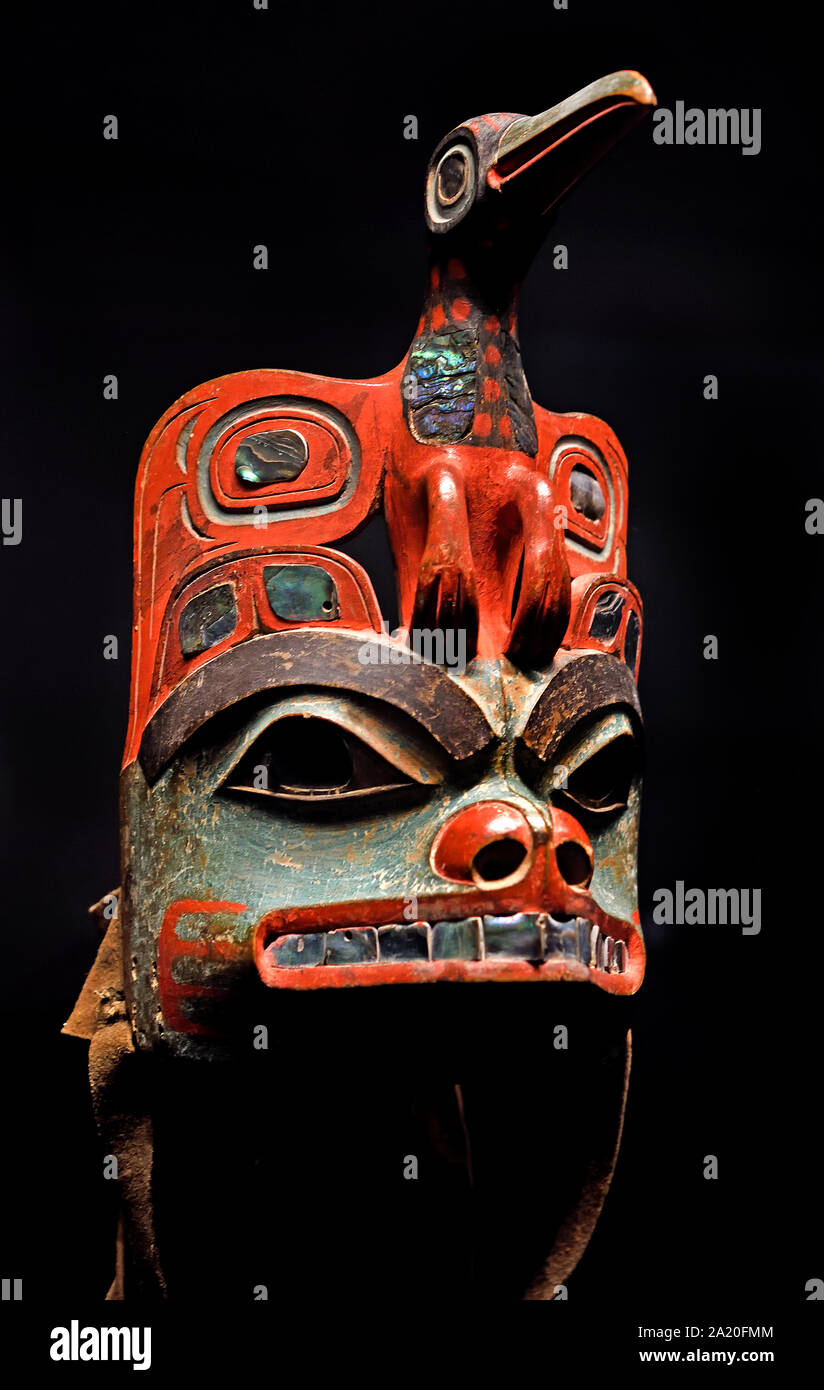 Tlingit, Clan Kopfschmuck, 1860-70 Alaska im Pazifischen Nordwesten der USA, dass ein komplexes Jäger- und Sammlerkultur in den gemäßigten Regenwald der Southeast Alaska Küste und die Alexander Archipel entwickelt Stockfoto