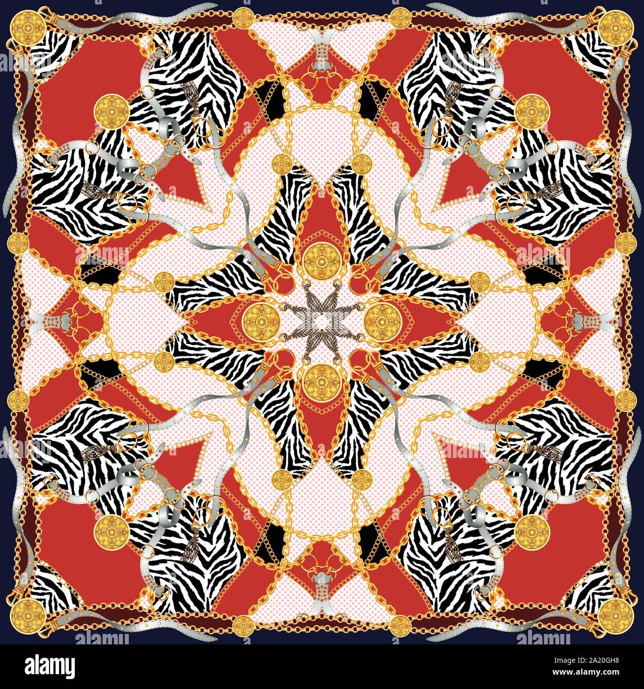 Trendy print mit goldenen Ketten, Riemen und Zebra. Nahtlose Muster mit klassischen Elementen. Damenmode, modernen Schal Sammlung für Textildruck. Stockfoto