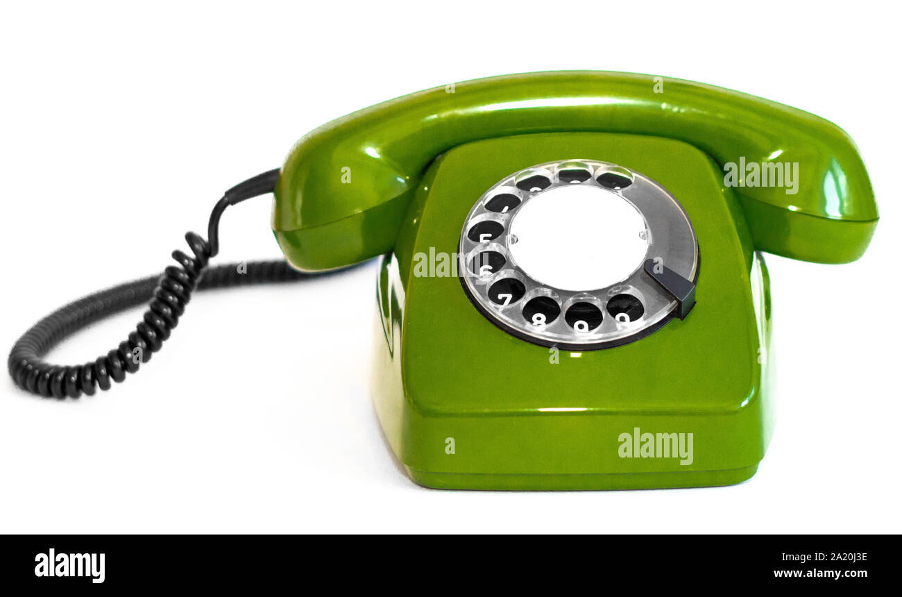 Retro grün Rotary Telefon auf weißem Hintergrund Stockfoto