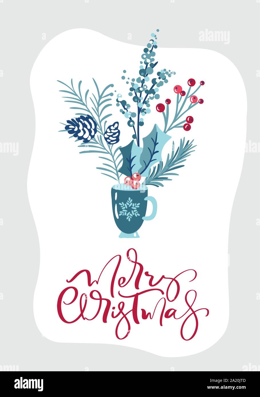 Frohe Weihnachten kalligrafische Schriftzüge Hand geschriebenen Text. Grußkarte Design mit Blumenschmuck. Moderne Winter Postkarte, Broschüre, Wand Stock Vektor