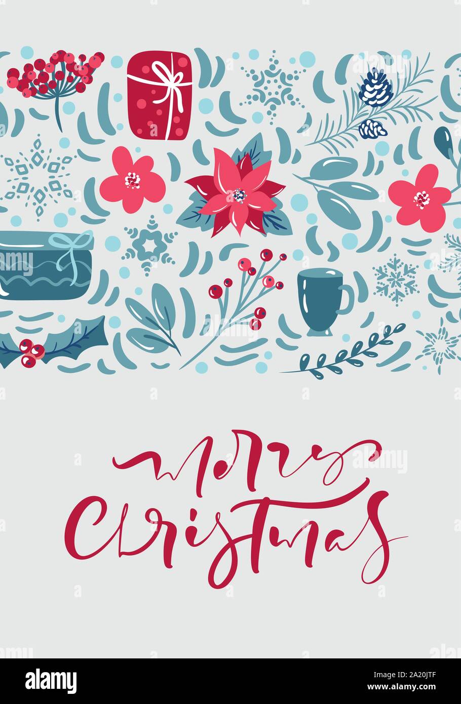 Frohe Weihnachten kalligrafische Schriftzüge Hand geschriebenen Text. Grußkarte Design mit Blumenschmuck. Moderne Winter Postkarte, Broschüre, Wand Stock Vektor