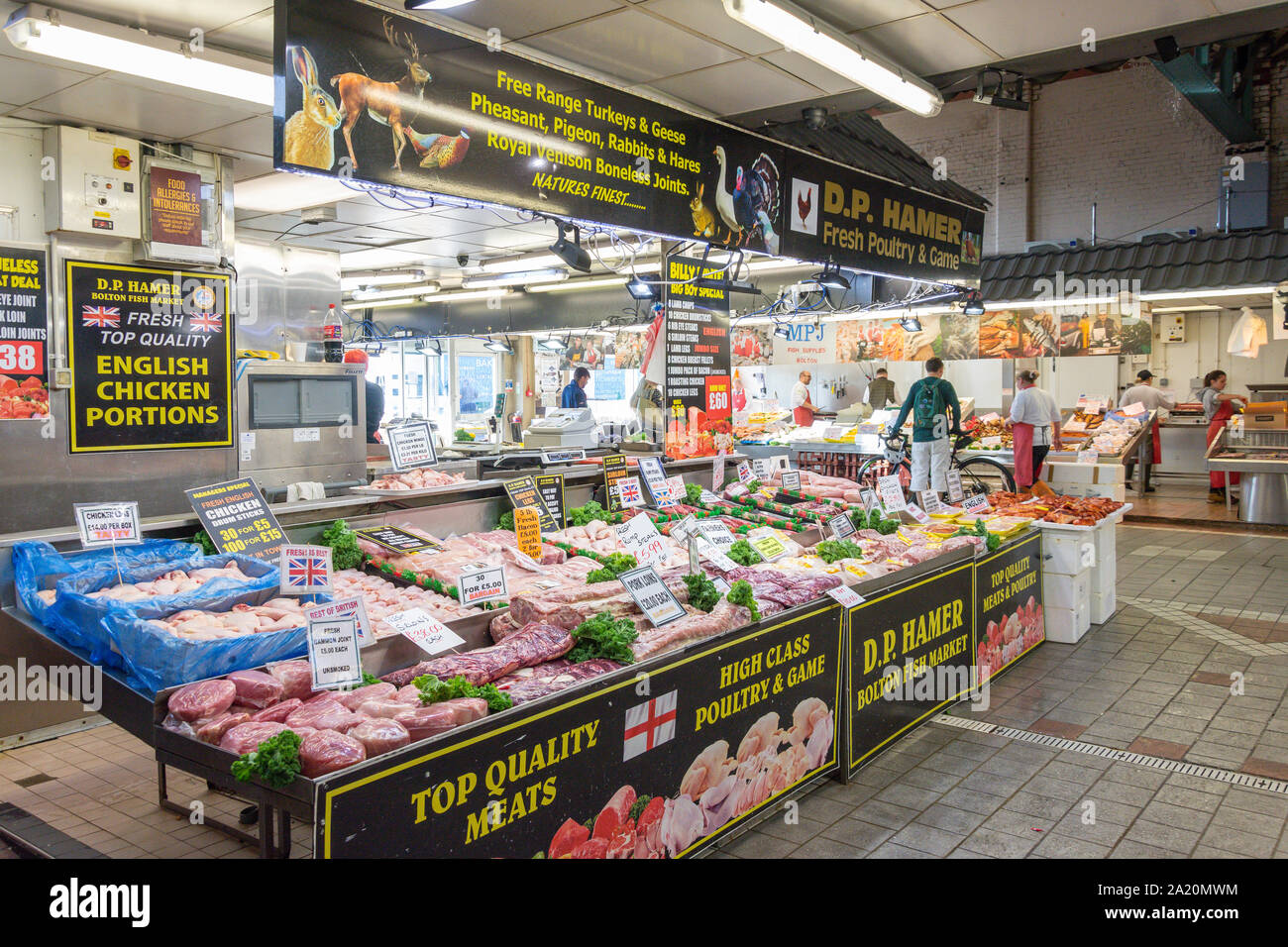 Fleisch und Fisch Stände in Bolton, Bolton, Greater Manchester, England, Vereinigtes Königreich Stockfoto