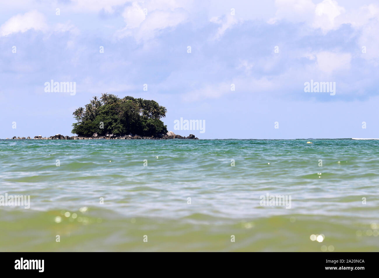 Tropische Insel mit Palmen in ein Meer, malerische Aussicht auf den ruhigen Wasser, selektive konzentrieren. Bunte Meereslandschaft mit blauem Himmel und weißen Wolken Stockfoto