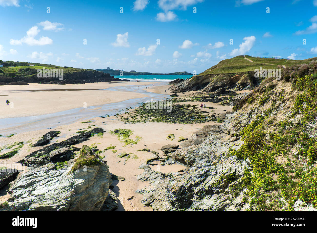 Eine Spring Tide entlarvt die Felsen von Porth Strand in Newquay in Cornwall. Stockfoto