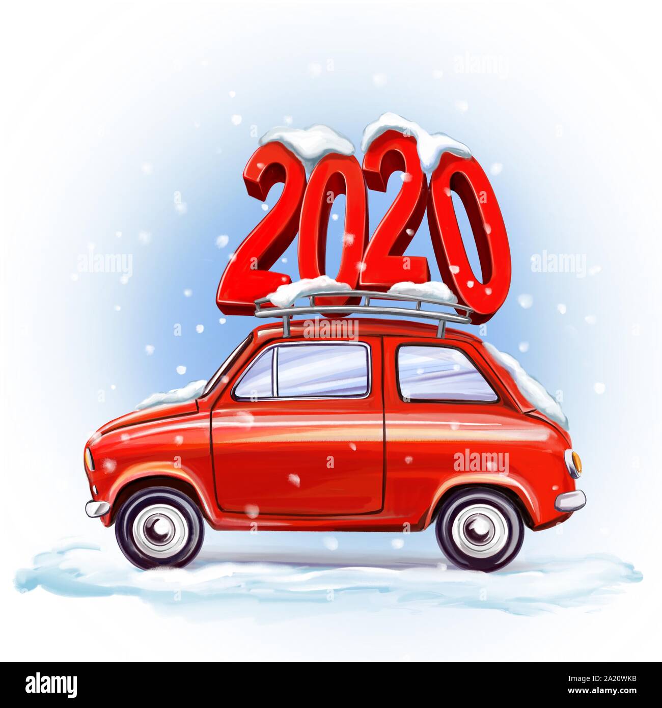2020 Große Zahlen auf dem Auto. Symbol für das neue Jahr, Kunst Illustration mit Aquarell auf weißem Hintergrund gemalt Stockfoto