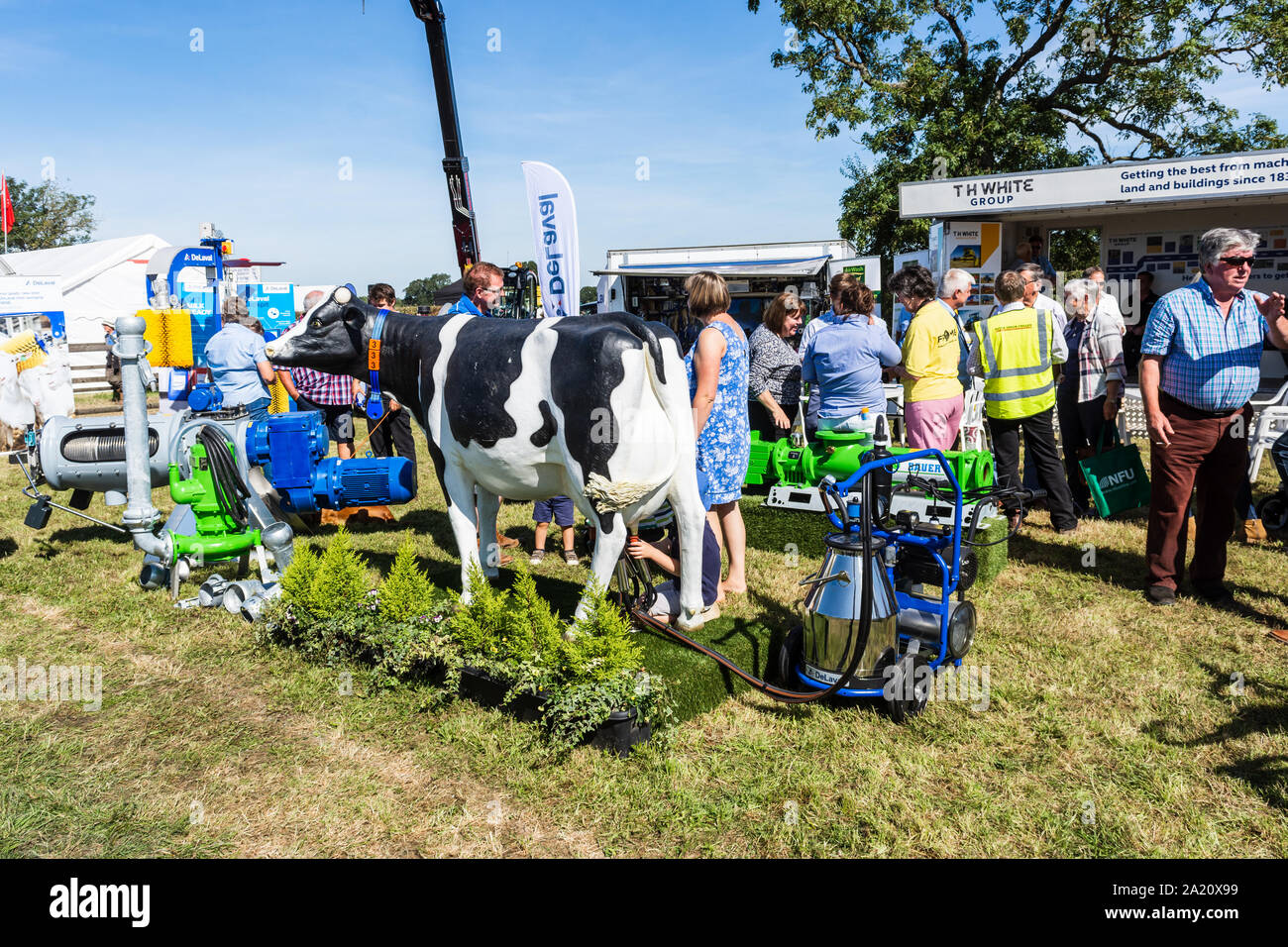 Ein Kind, das mit einer lebensgroßen Kuh zeigt eine Melkmaschine für Interessenten am2019 Frome Käse zeigen Stockfoto