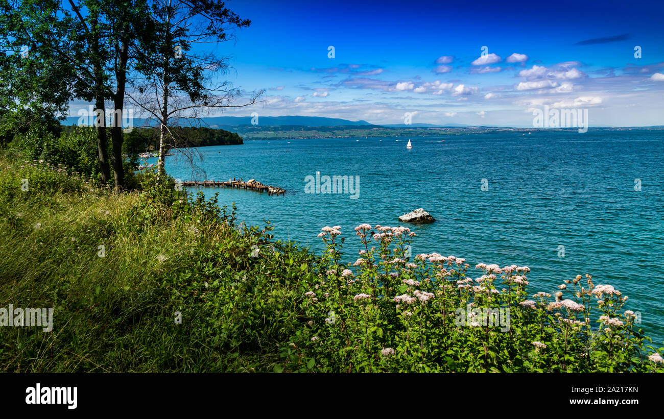 Landschaft Blick auf den Genfer See (Genfer See), Segeln, Boote, Berge und blauer Himmel mit weißen Wolken, Schärfenebene im Zentrum. Excenevex Stadt, Frankreich. Stockfoto