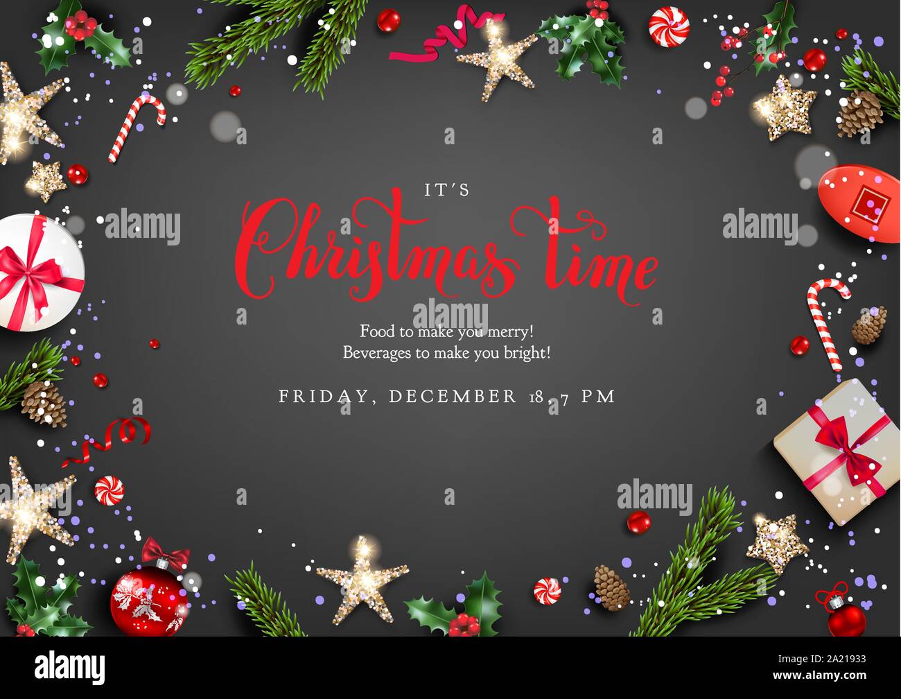 Festliche Dunkel Karte Mit Weihnachtsschmuck Und Kugeln Sterne Geschenkboxen Fir Tree Branches Winterurlaub Vorlage Mit Frohe Weihnachten Schriftzug Stock Vektorgrafik Alamy