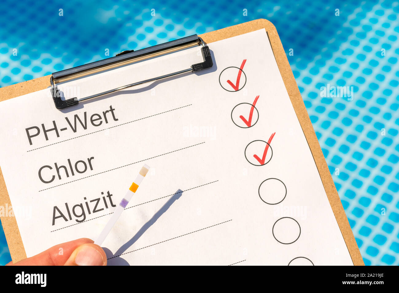 Die Kontrolle der Wasserqualität des Pools mit Hilfe eines Teststreifens mit den Worten PH-Wert, Chlor und Algizid in deutscher Sprache Stockfoto