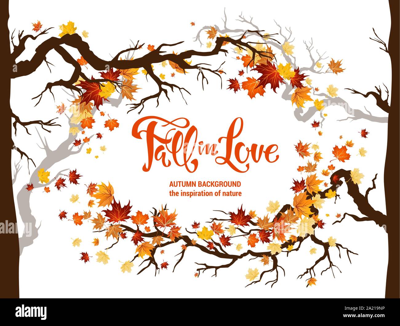 Herbst Blätter und Zweige. Natur Design Hintergrund. Herbst Ahorn Blätter für die Dekoration. Fall in Love Schriftzug. Stock Vektor