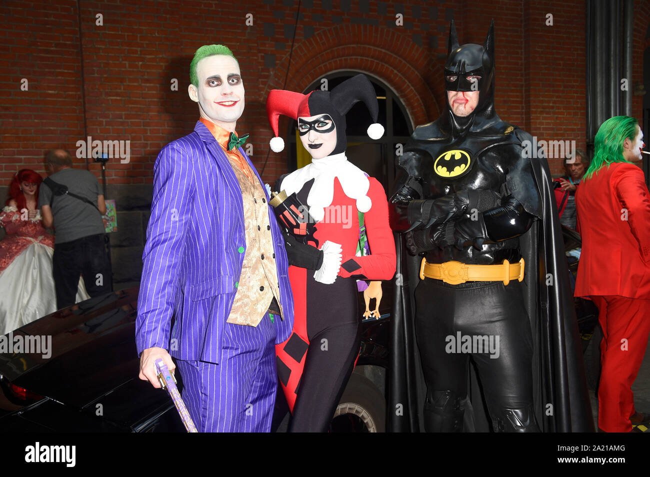 Berlin, Deutschland. 28 Sep, 2019. Joker, Harley Quinn und Batman Cosplayer auf dem 4. Deutschen Comic Con Berlin in Berlin. Berlin, 28.09.2019 | Verwendung der weltweiten Kredit: dpa/Alamy leben Nachrichten Stockfoto