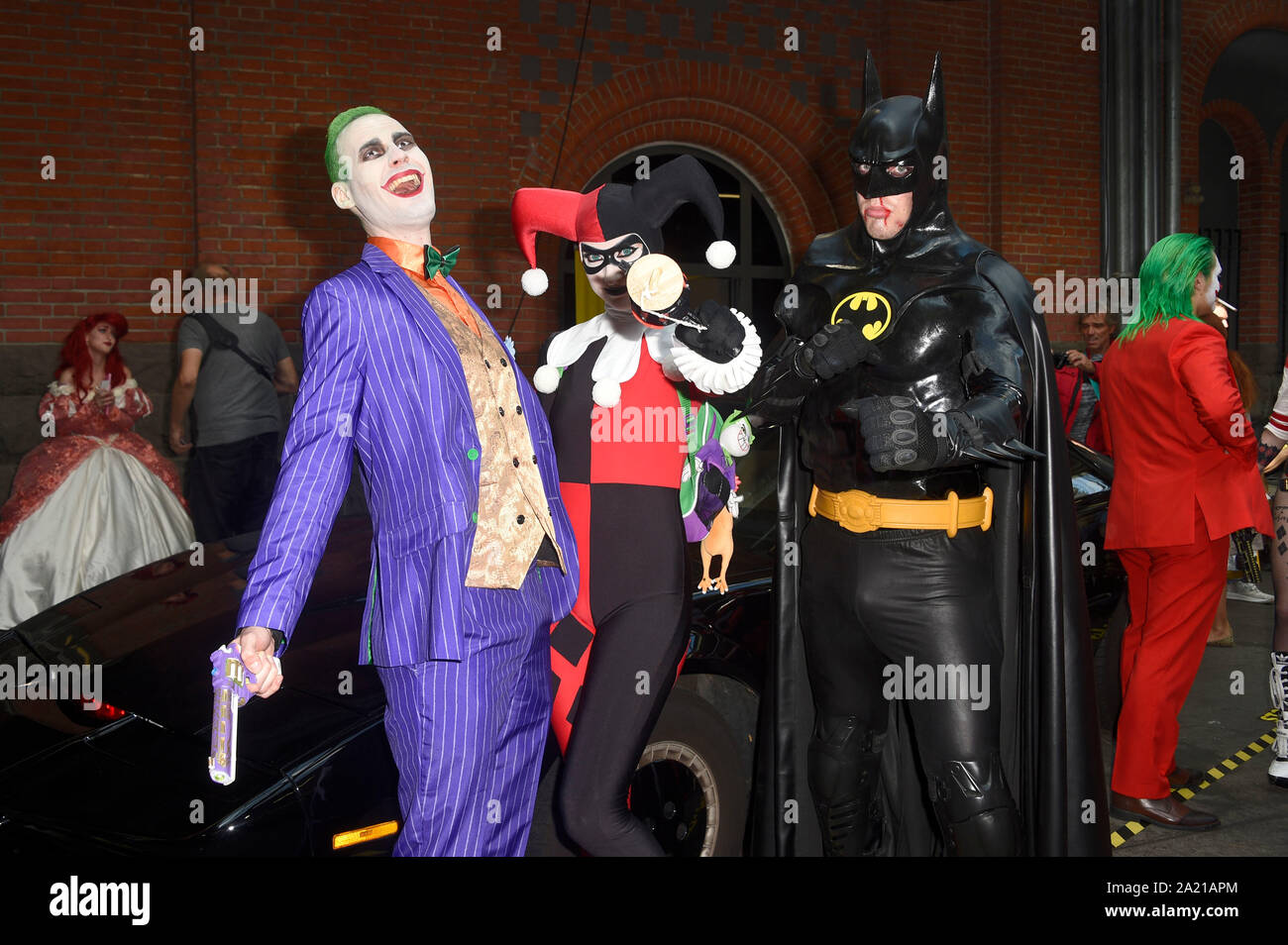 Berlin, Deutschland. 28 Sep, 2019. Joker, Harley Quinn und Batman Cosplayer auf dem 4. Deutschen Comic Con Berlin in Berlin. Berlin, 28.09.2019 | Verwendung der weltweiten Kredit: dpa/Alamy leben Nachrichten Stockfoto