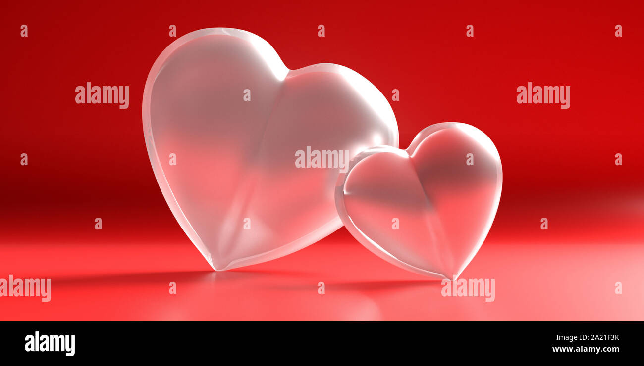Valentines Tag, zwei Herzen Glas Textur gegen rote Farbe gebogenen Hintergrund. 3D-Darstellung Stockfoto