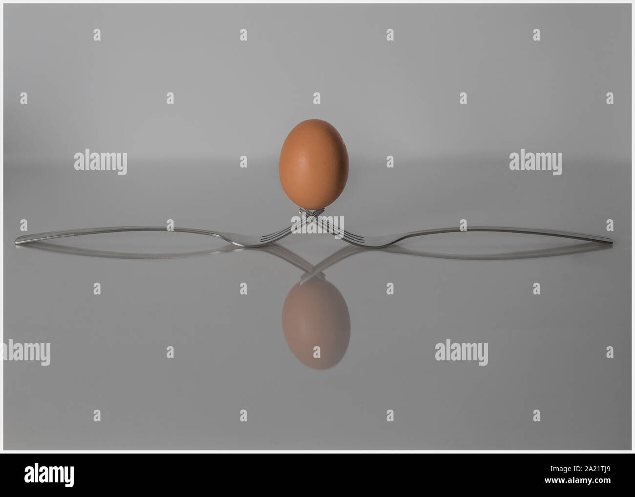 'S Chicken Egg auf zwei Gabeln ausgeglichen, mit einer Reflexion. Stockfoto