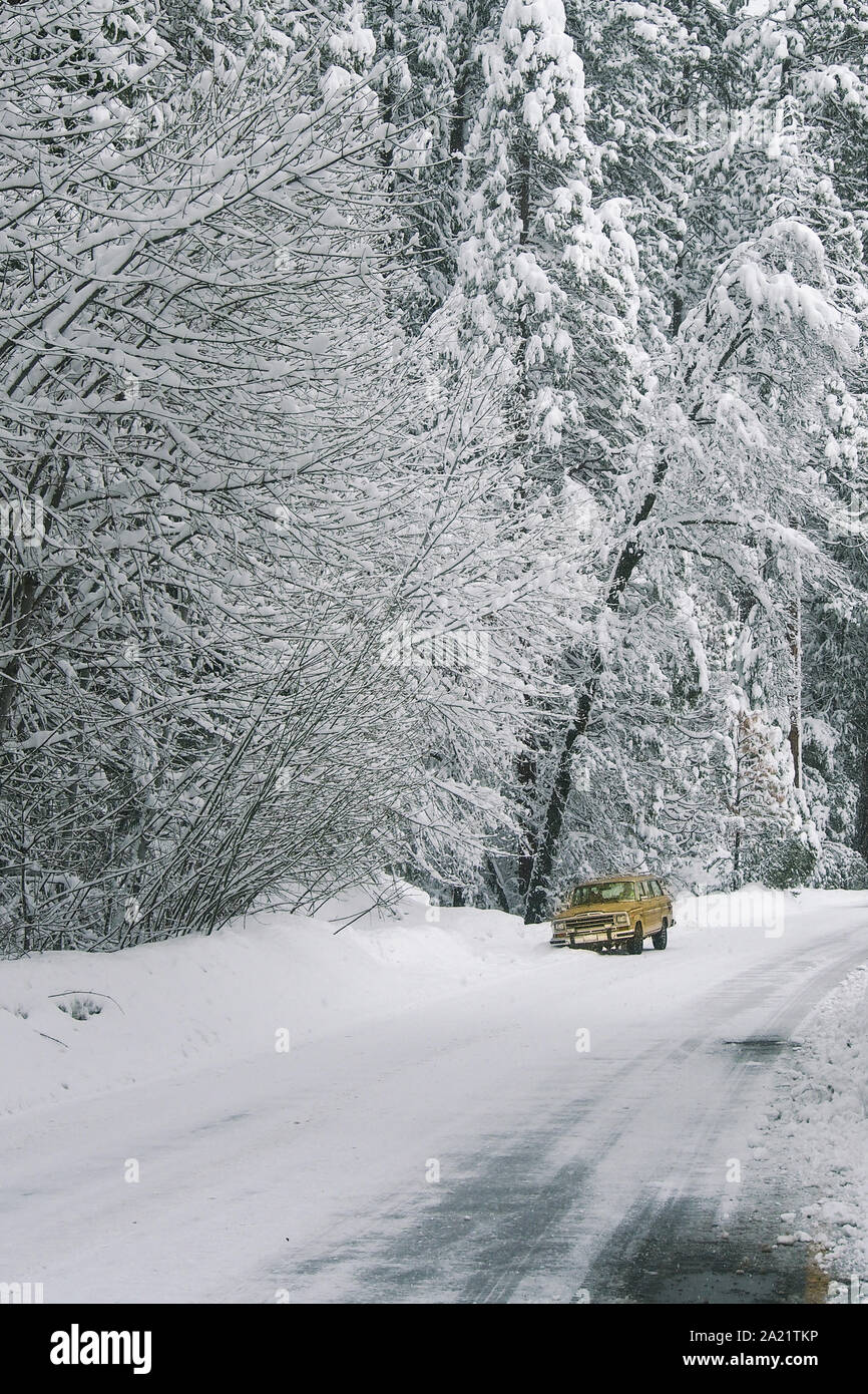 Gelbe Auto im Schnee in Yosemite National Park. Stockfoto