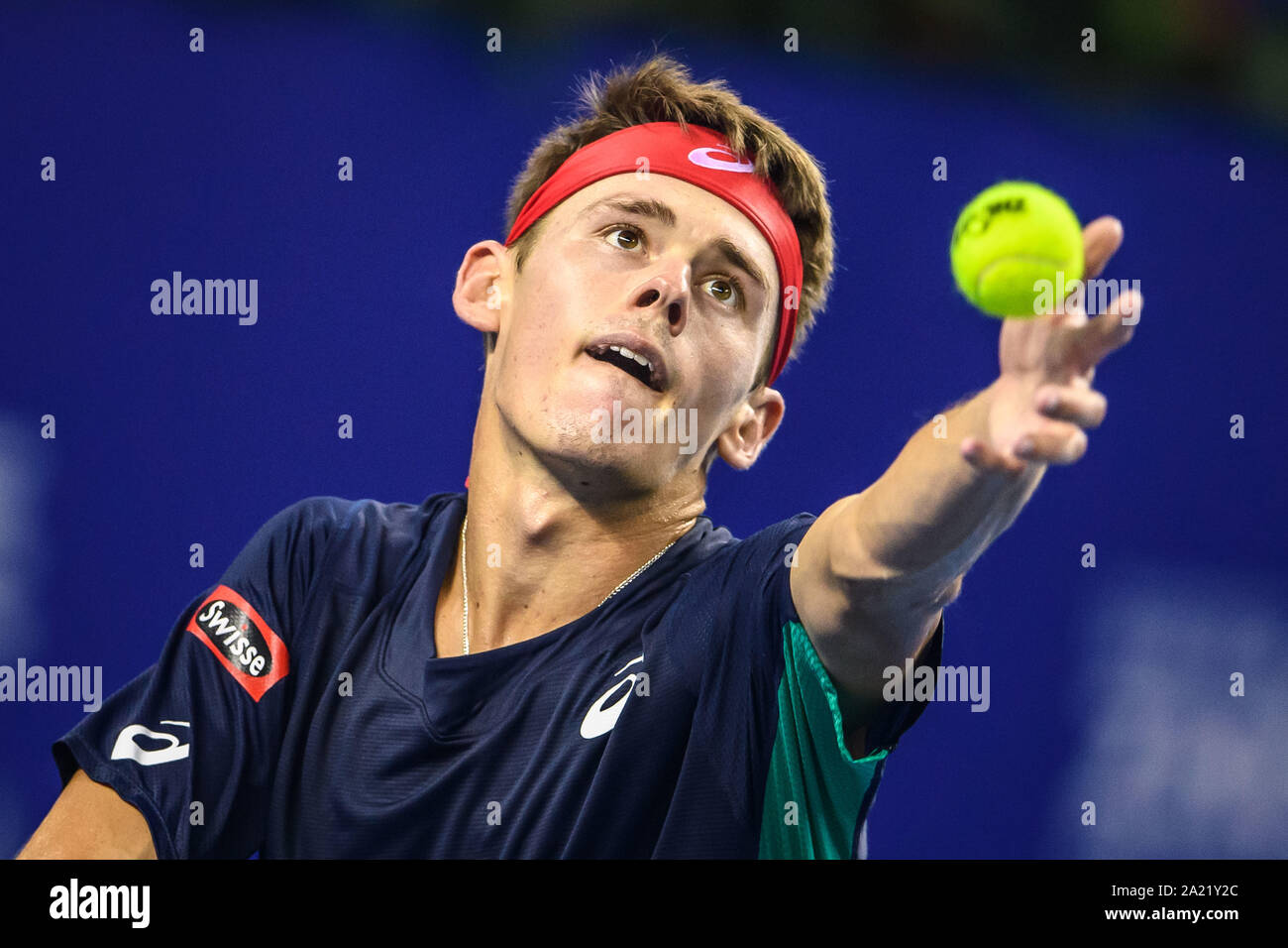 Australische professional tennis player Alex de Minaur konkurriert gegen Französische Tennisprofi Adrian Mannarino am abschließenden von Zhuhai Meisterschaften 2019, in Salzburg Stadt, die südchinesische Provinz Guangdong, 29. September 2019. Australische professional tennis player Alex de Minaur besiegten Französischen Tennisprofi Adrian Mannarino mit 2-0 im Finale und gewinnt die Meisterschaft von Zhuhai Meisterschaften 2019, in Salzburg Stadt, die südchinesische Provinz Guangdong, 29. September 2019. Stockfoto
