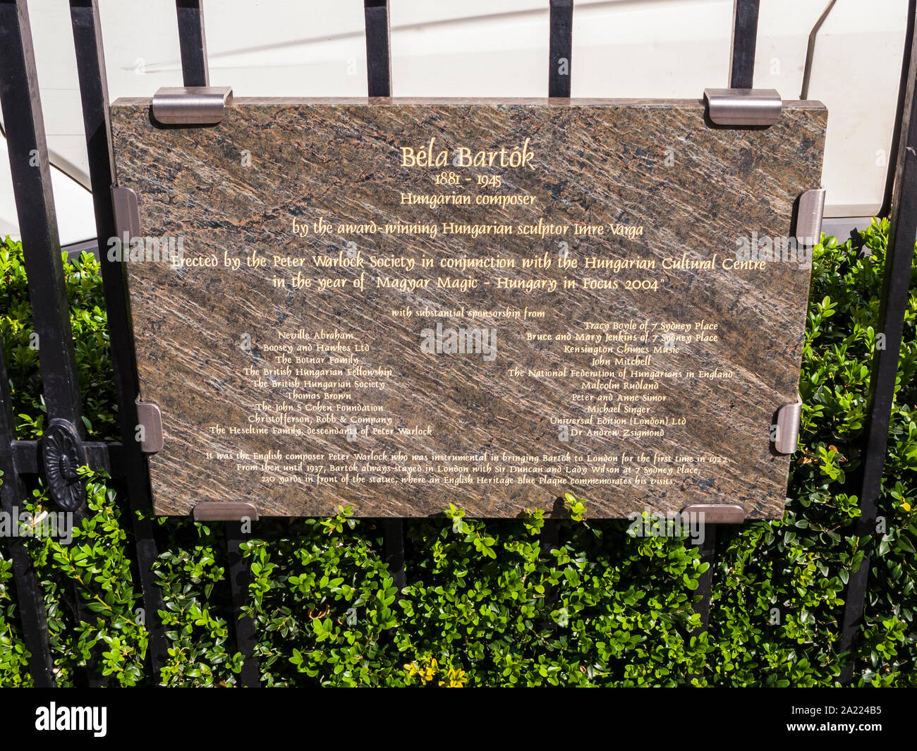 Bela Bartok Statue, Typenschild, South Kensington, London Stockfoto