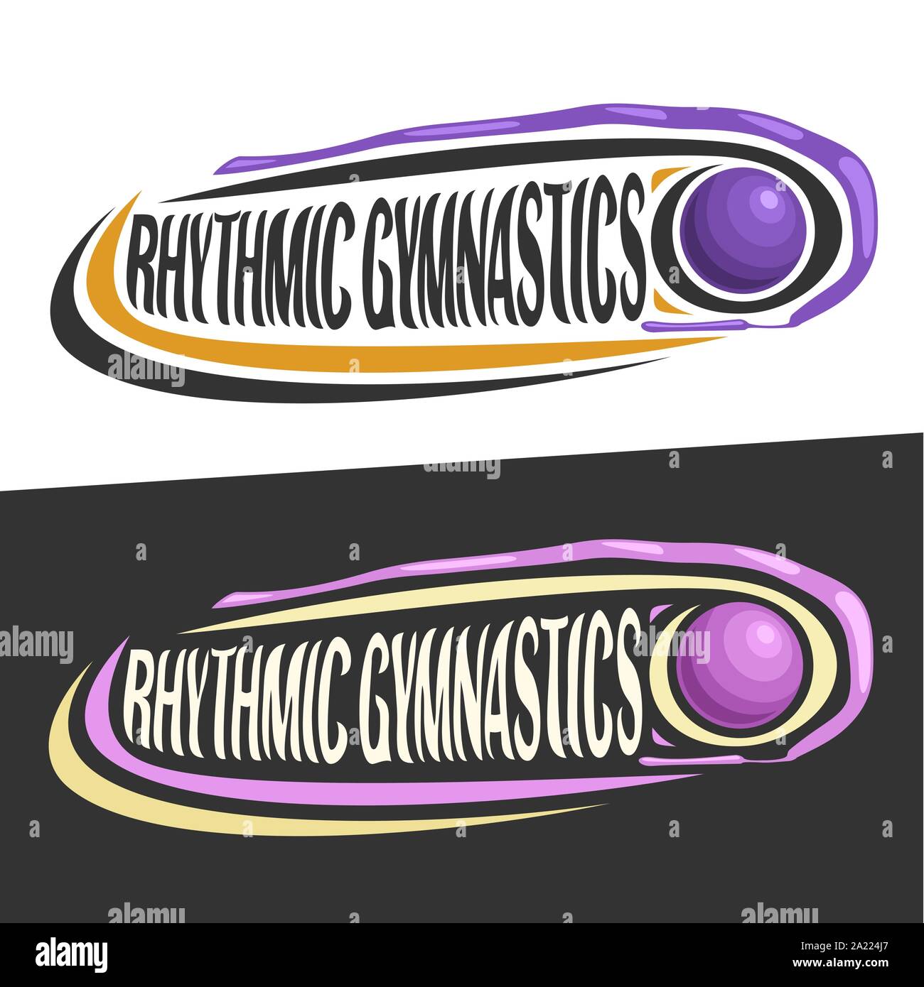 Vektor logos für Rhythmische Gymnastik sport, fliegende Kugel und handschriftlichen Worte - rhythmische Gymnastik auf Schwarz, lila Band um ursprüngliche Typographie Stock Vektor