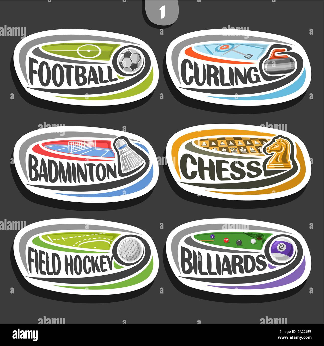 Vektor einrichten von Sport Logos, 6 ovale einfache Abzeichen mit fliegenden Ball auf gebogene Flugbahn, Sport Anzeichen von minimalistisches Design mit Spiele, original t Stock Vektor