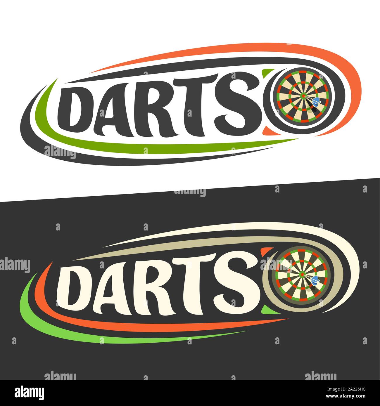 Vektor logos für Darts, Pfeil in Bullseye an Bord und handschriftliche Wort Dart auf Schwarz