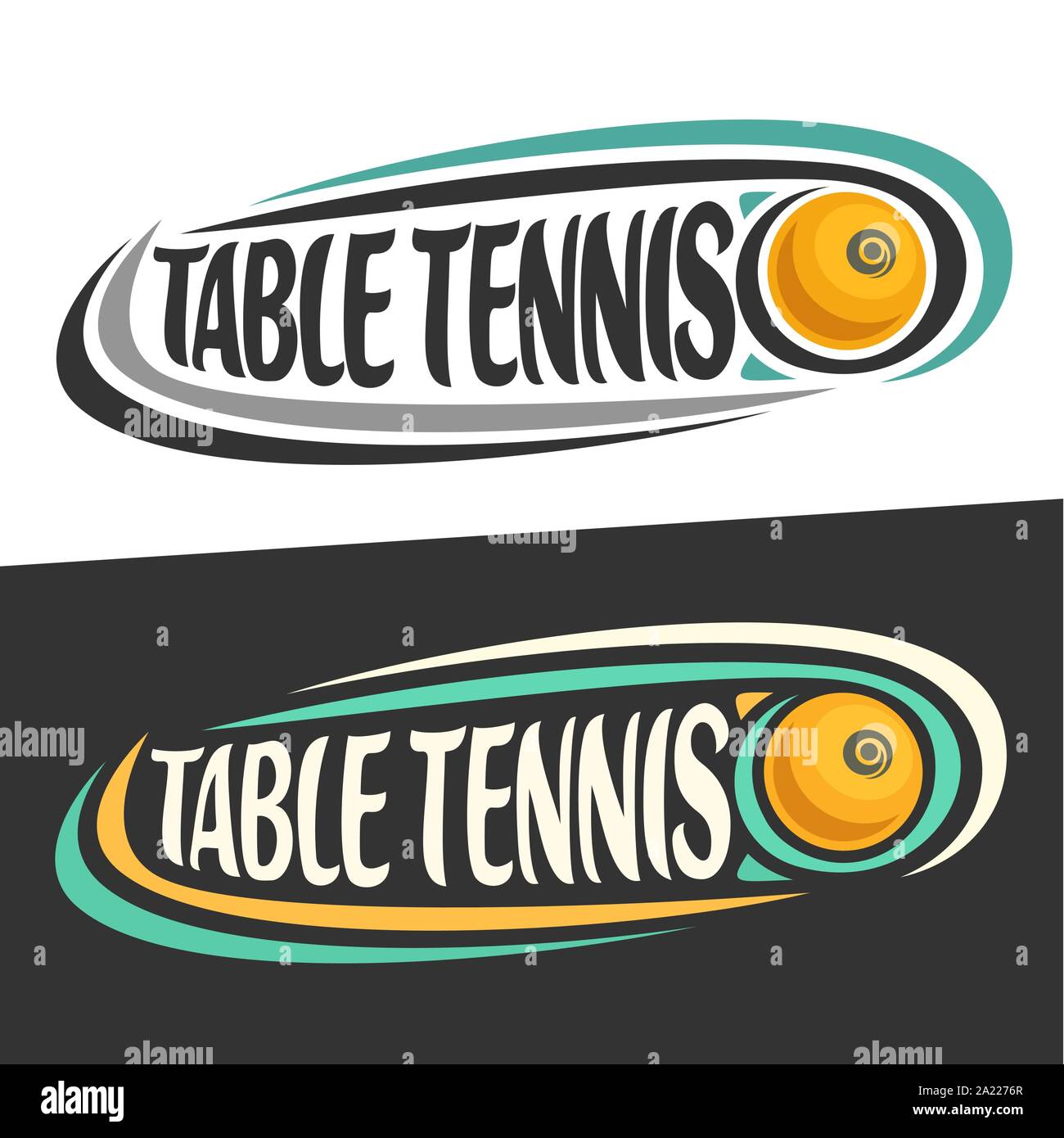 Vektor logos für Tischtennis sport, fliegende gelbe Tischtennisball und  handschriftlichen Worte - Tischtennis auf Schwarz, geschwungene Linien rund  um kreative typograp Stock-Vektorgrafik - Alamy