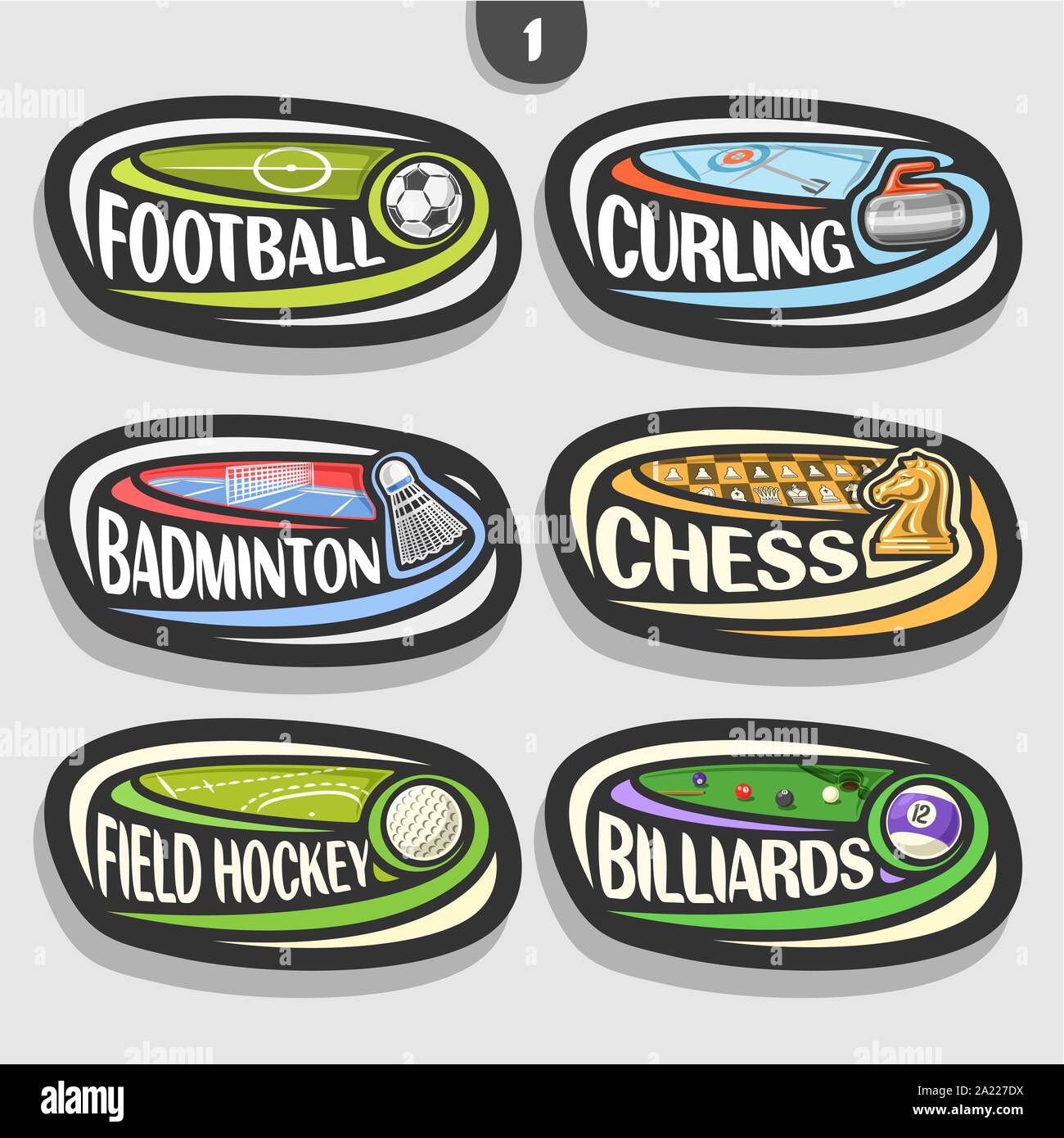 Vektor einrichten von Sport Logos, 6 ovale einfache Abzeichen mit fliegenden Ball auf gebogene Flugbahn, Sport Anzeichen von minimalistisches Design mit Spiele, original t Stock Vektor