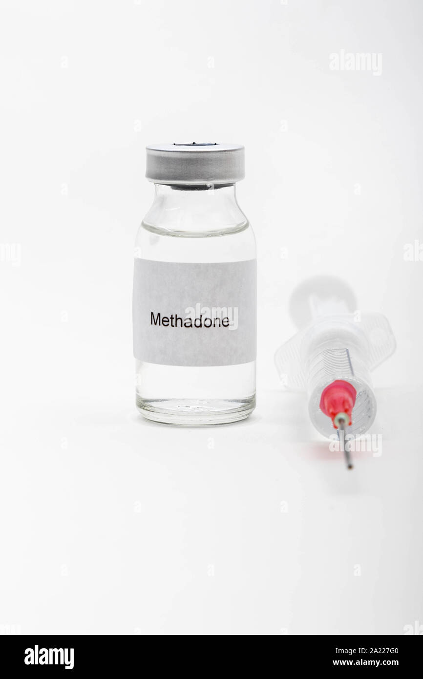Medizinische Konzept medizinische eine medizinische Durchstechflasche lesen Methadon und eine Spritze Stockfoto
