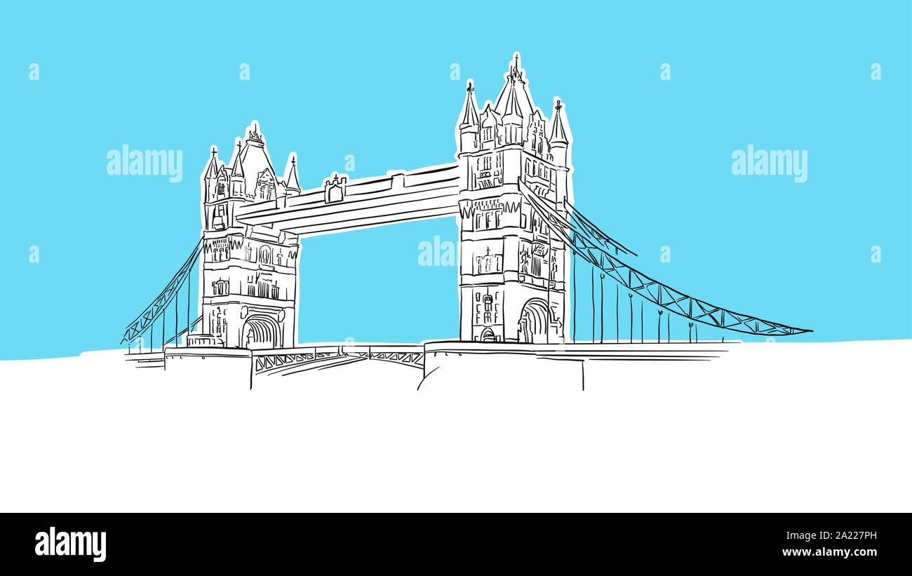 London Tower Bridge Lineart Vektor Skizze. und Abbildung auf blauem Hintergrund. Stock Vektor