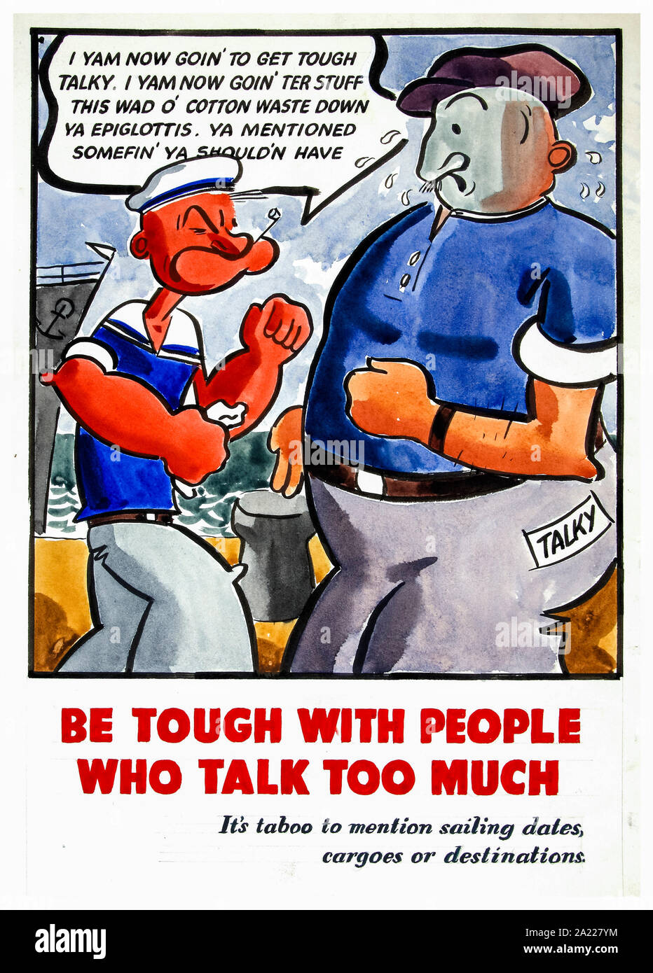 Britische, WW2, leichtfertiges Gerede, Plakat, haltbar mit Menschen, die zu viel reden (Popeye der Seemann) 1939-1946. Stockfoto