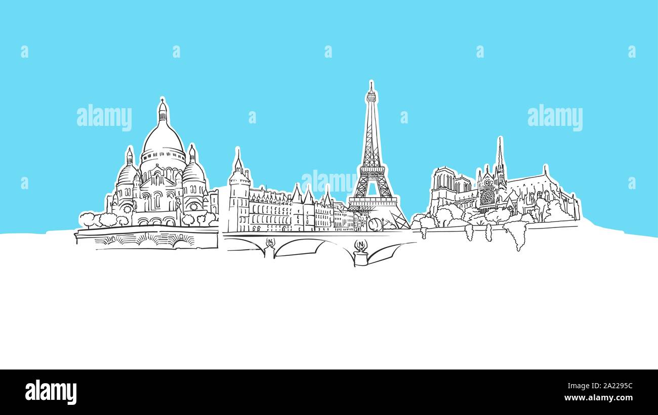 Paris reisen Sehenswürdigkeiten Lineart Vektor Skizze. und Abbildung auf blauem Hintergrund. Stock Vektor