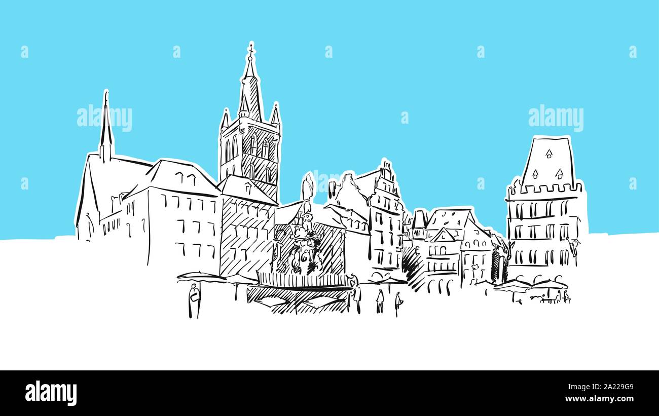 Trier Marktplatz Lineart Vektor Skizze. und Abbildung auf blauem Hintergrund. Stock Vektor