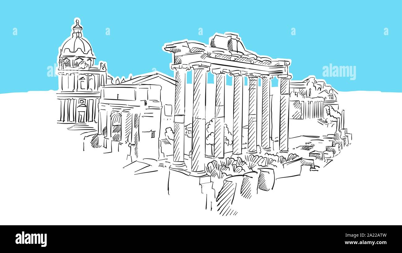 Forum Romanum Rom Lineart Vektor Skizze. und Abbildung auf blauem Hintergrund. Stock Vektor