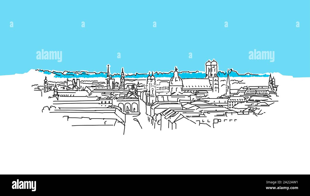 München Panorama Lineart Vektor Skizze. und Abbildung auf blauem Hintergrund. Stock Vektor