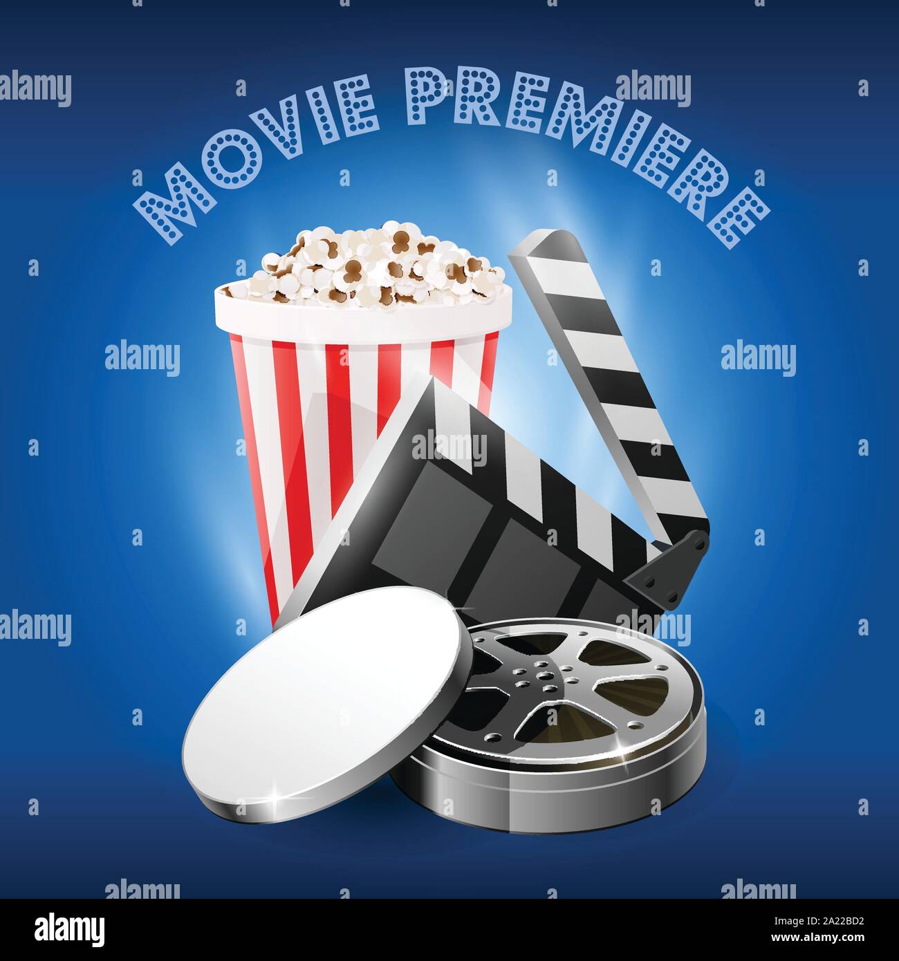 Film Premiere, Filmrolle, Popcorn und Film Klappe - Kino erste öffnung Nacht Stock Vektor