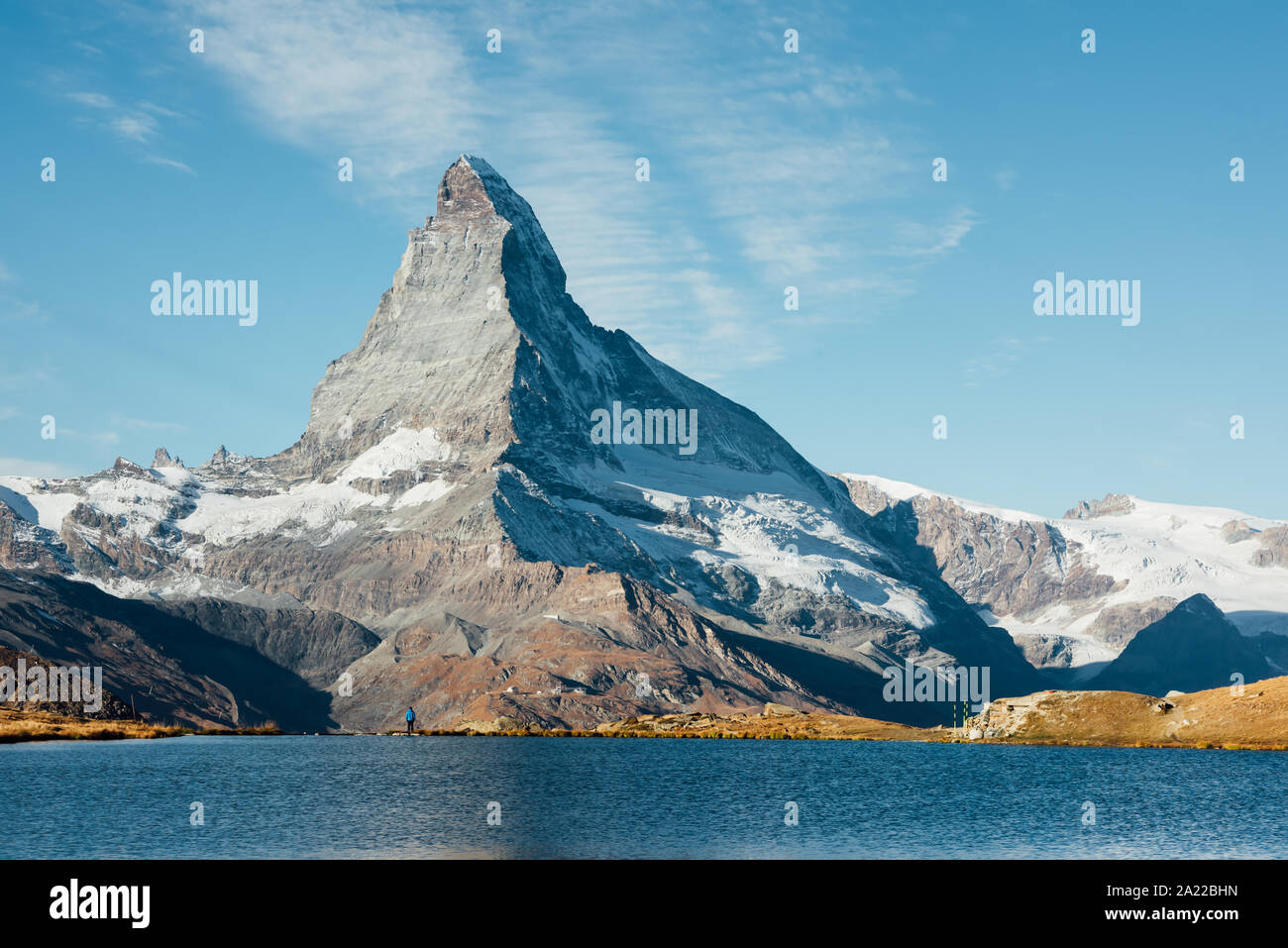 Malerische Aussicht auf das Matterhorn Matterhorn Peak und Stellisee See in der Schweizer Alpen. Zermatt Resort Lage, Schweiz. Landschaftsfotografie Stockfoto