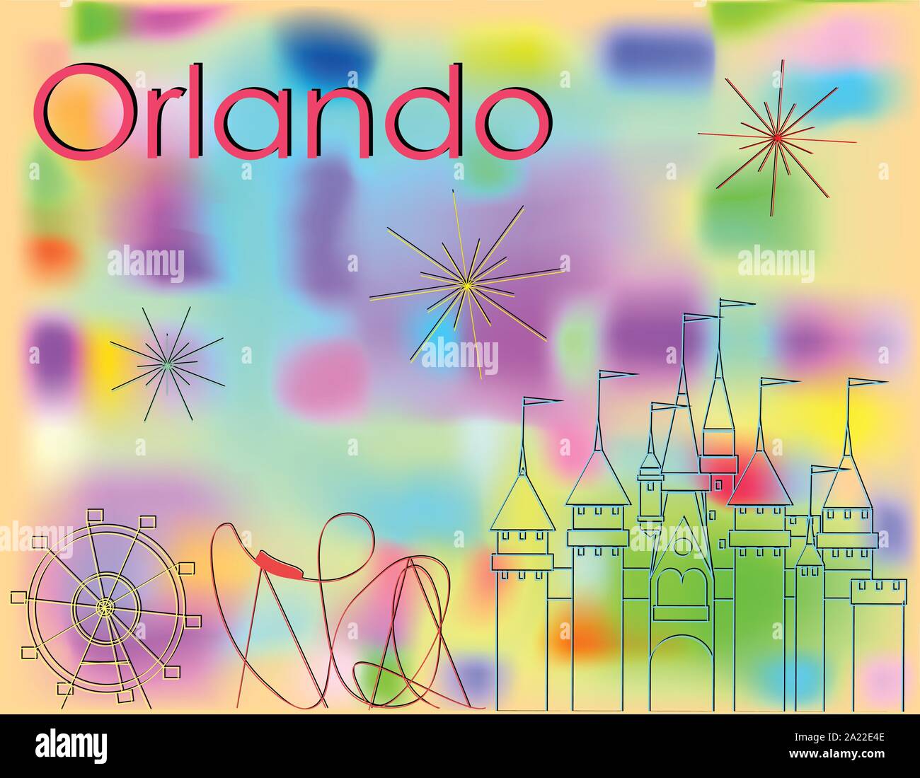 Orlando Symbole multicolor Linie auf abstrakte farbenfrohe Hintergrund. Achterbahn, Riesenrad, Schloss und Feuerwerk. Stock Vektor