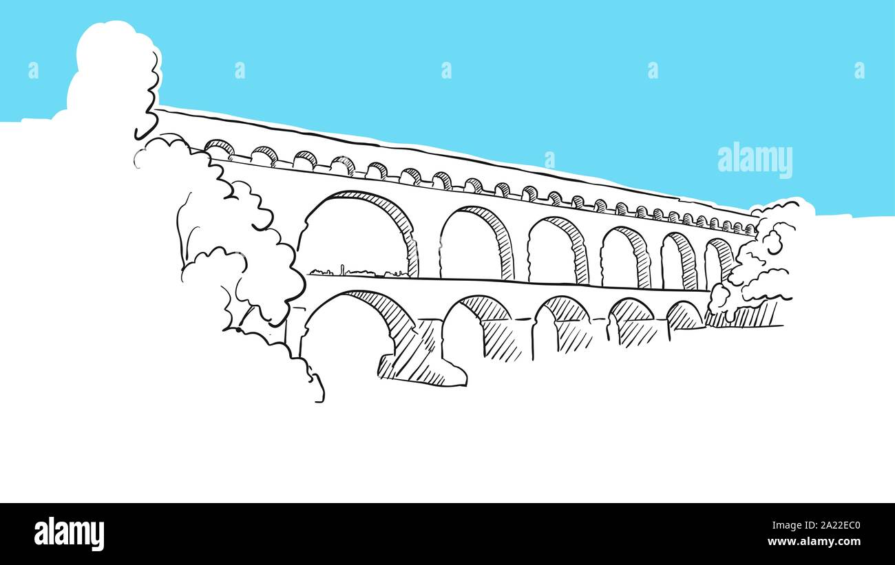 Aquädukt Avignion Frankreich Lineart Vektor Skizze. und Abbildung auf blauem Hintergrund. Stock Vektor
