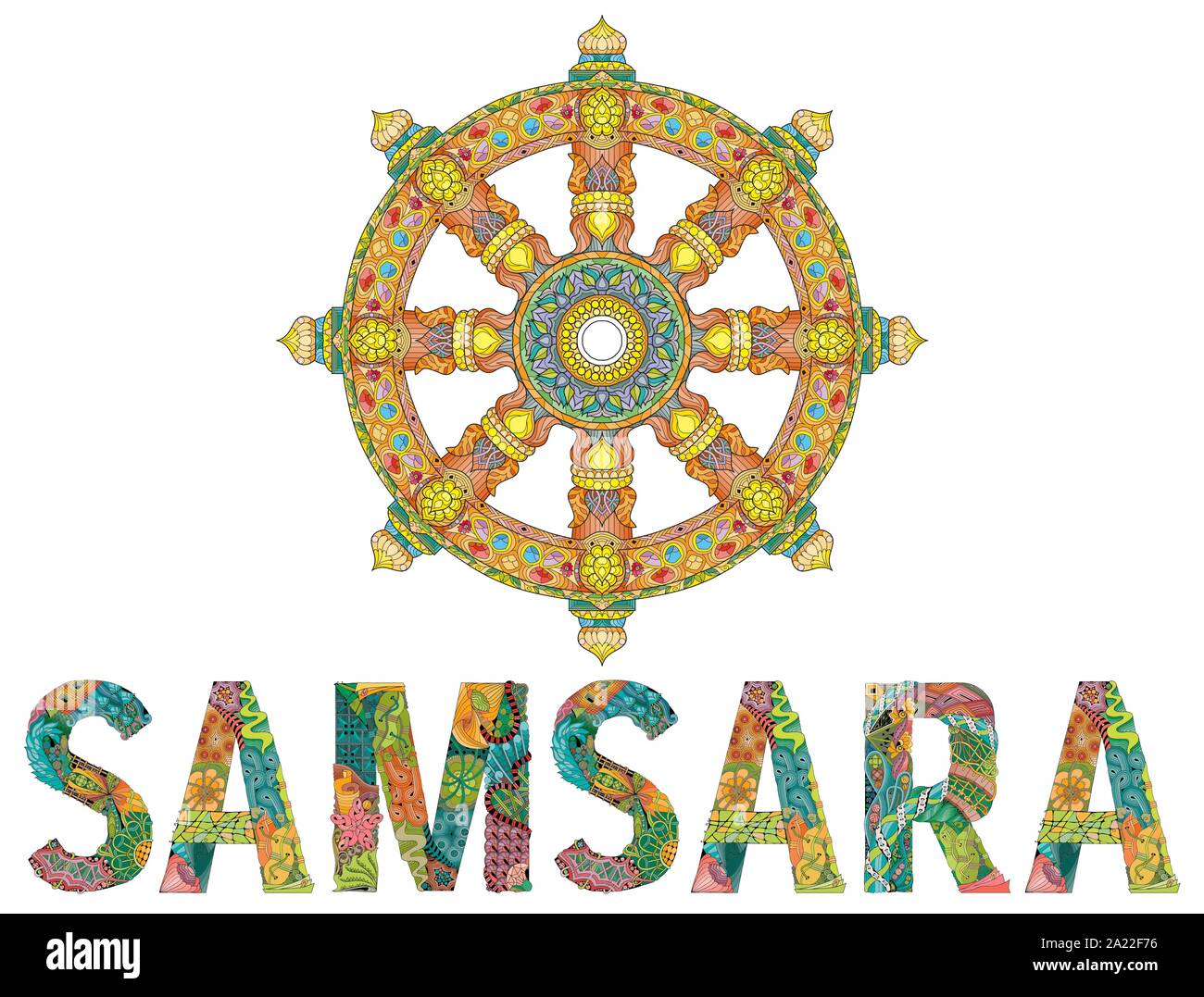 Dharma Rad oder dharmachakra, theach und gehen auf dem Weg des Nirvana Stock Vektor