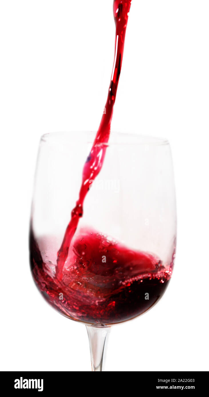 Rotwein gießt in langstielige Glas (Bogen). Werbung von Wein Produkte (Guter Wein braucht keine Bush) und Trinken Restaurants (Wein Tour und Haus w Stockfoto