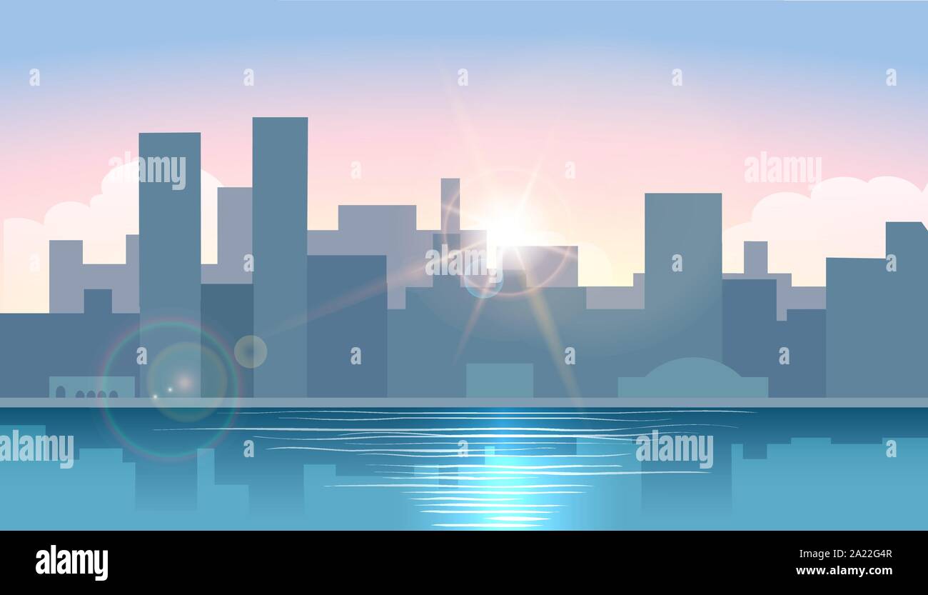Am frühen Morgen Stadtbild. Sonnenaufgang in der Stadt auf dem Wasser. Morgen urbane Stadtbild. Vector Illustration Stock Vektor