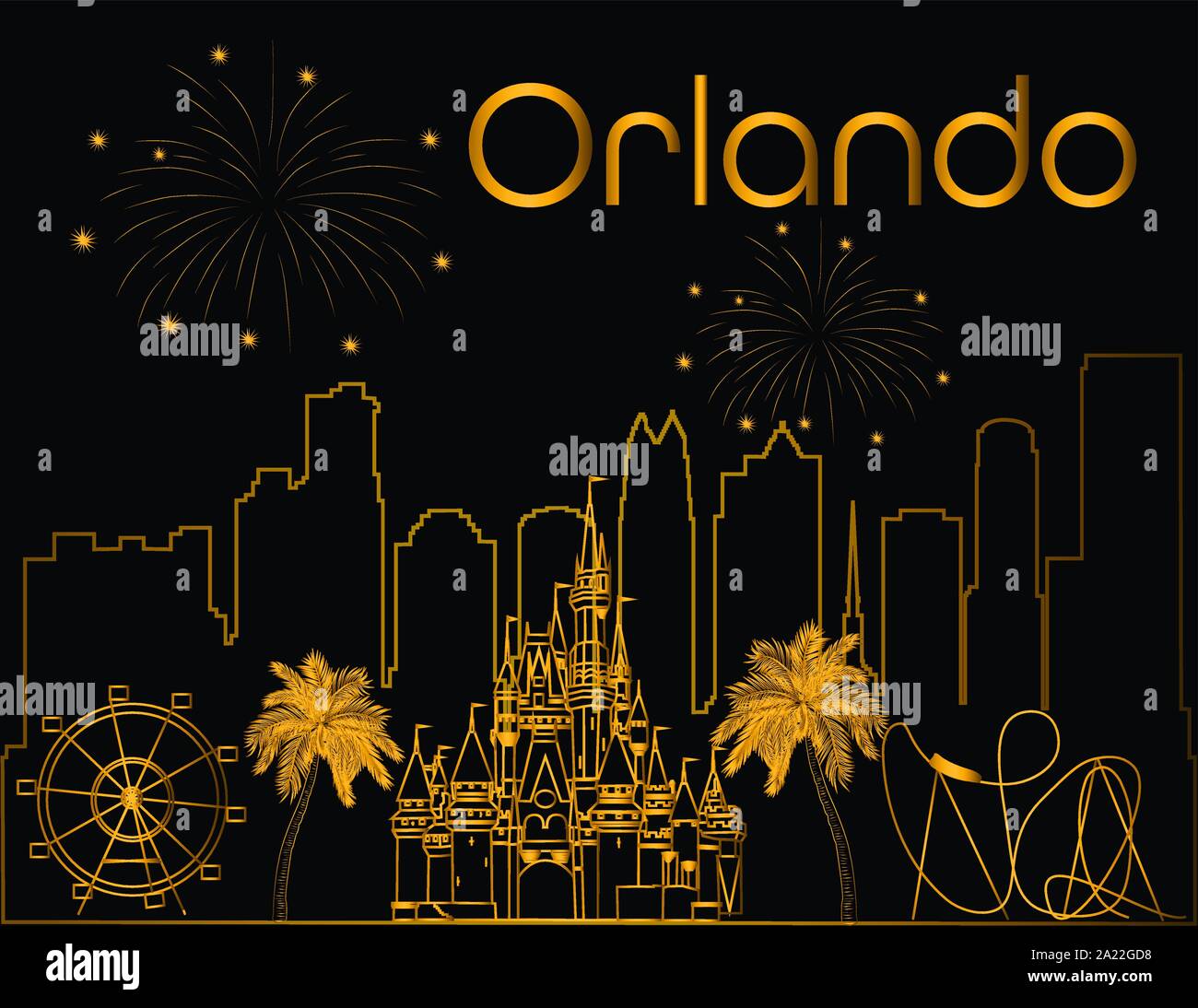 Orlando gold Schriftzug auf schwarzem Hintergrund. Vektor mit Wolkenkratzer, Reisen Symbole und Feuerwerk. Reisen Postkarte. Stock Vektor
