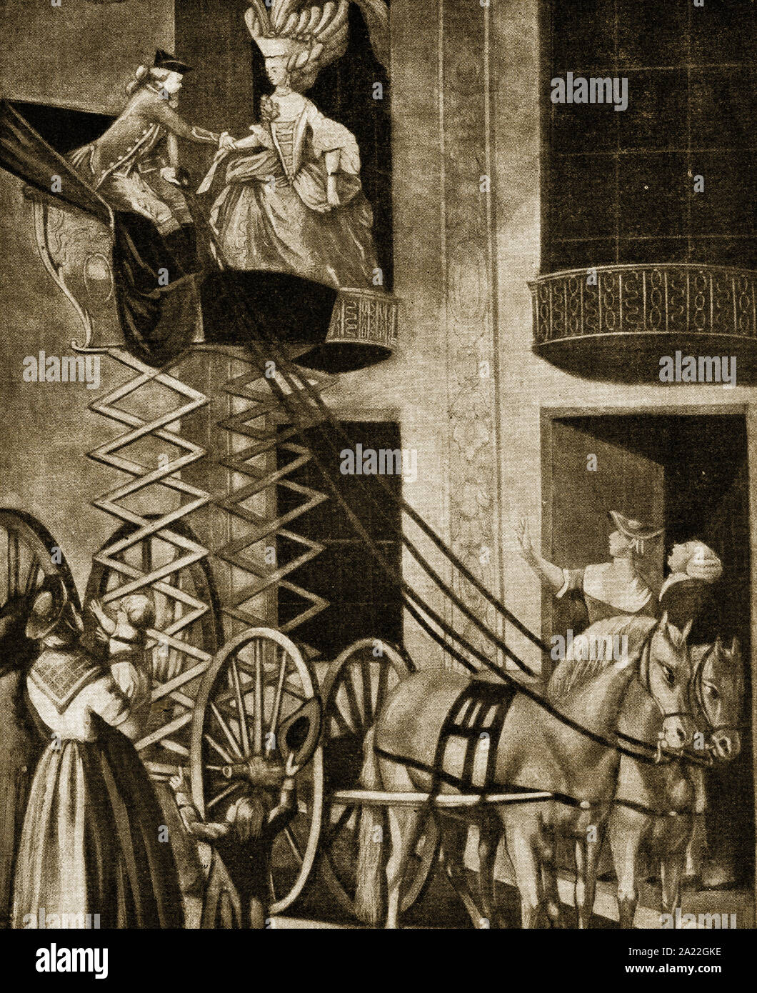 Das 18. Jahrhundert Künstler Eindruck einer neuen britischen Idee zu ermöglichen Aristokraten zu einem Balkon von der Straße, ohne ihre Wagen zu steigen Stockfoto