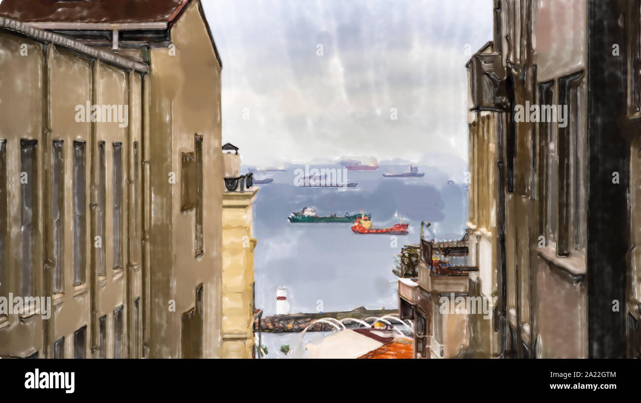 Aquarell Abbildung: Blick durch eine schmale Gasse der Altstadt bis zum Bosporus mit vielen Schiffen. Stockfoto