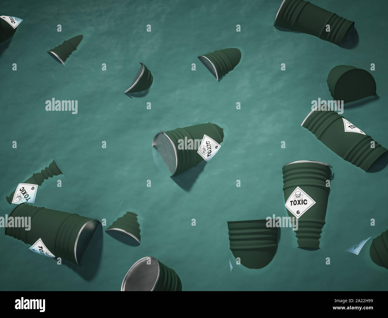 Container voller giftiger Abfälle Schwimmer im Meer. Konzept der ökologischen Katastrophe. 3D-Render Bild Stockfoto